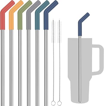 Tomorotec 6PCS Stainless Steel Straws with Silicone Tips Fit for Stanley 40oz Tumbler, 13-Inch Reusable Straw Set with Colorful Extenders & 2 Brushes, Compatible with Wide Mouth Cups Dark Morandi