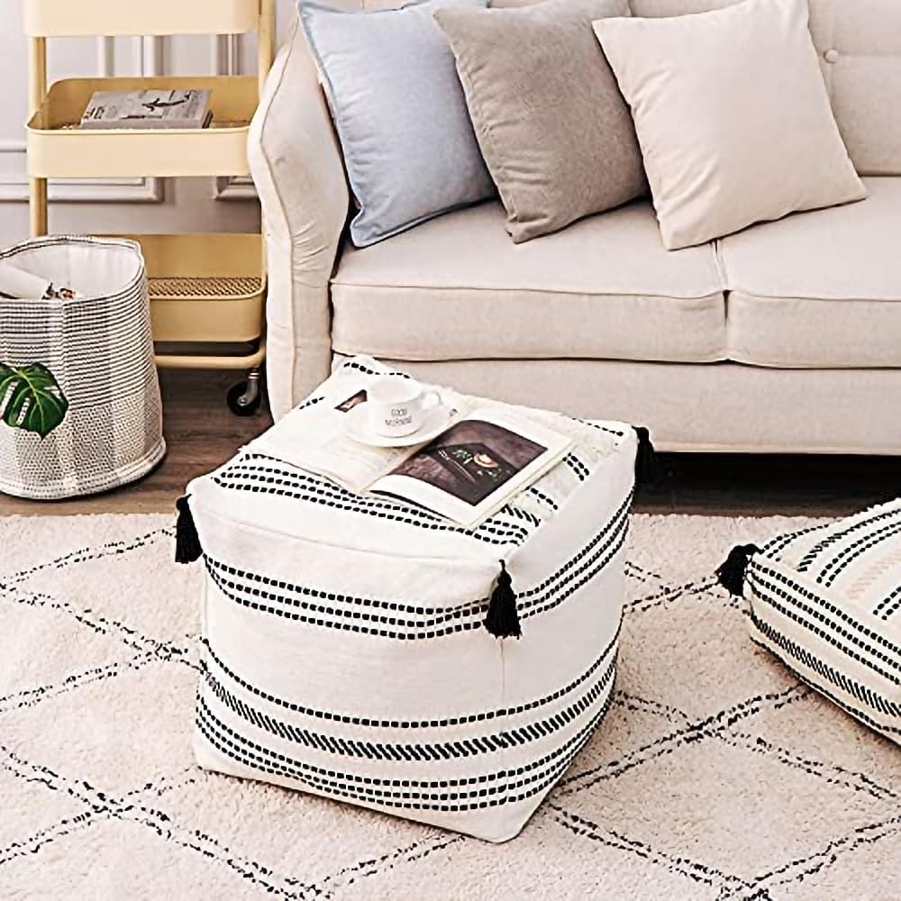 MOCOFO Boho Ottoman Square Footstool Pouf Cover - Unstuffed Tufted Woven Seat with Tassels for Storage and Decor