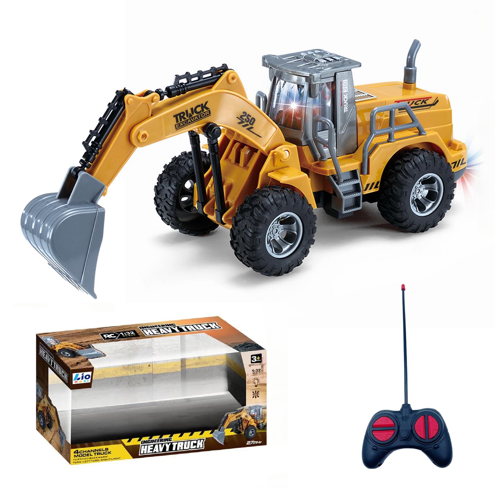4 canaux 1:32 pelle télécommandée jouet, avec lumières clignotantes, télécommande sans fil, tracteur Digger jouets pour enfants, pour cadeaux pour enfants de 3 4 5 6 7 ans