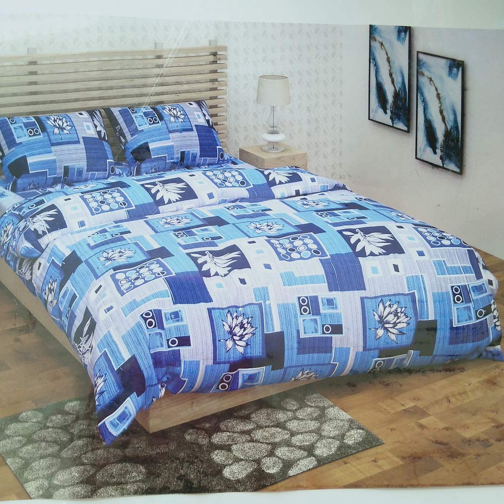 Crown Blue Cotton Double Bedsheet with Pillow Cover