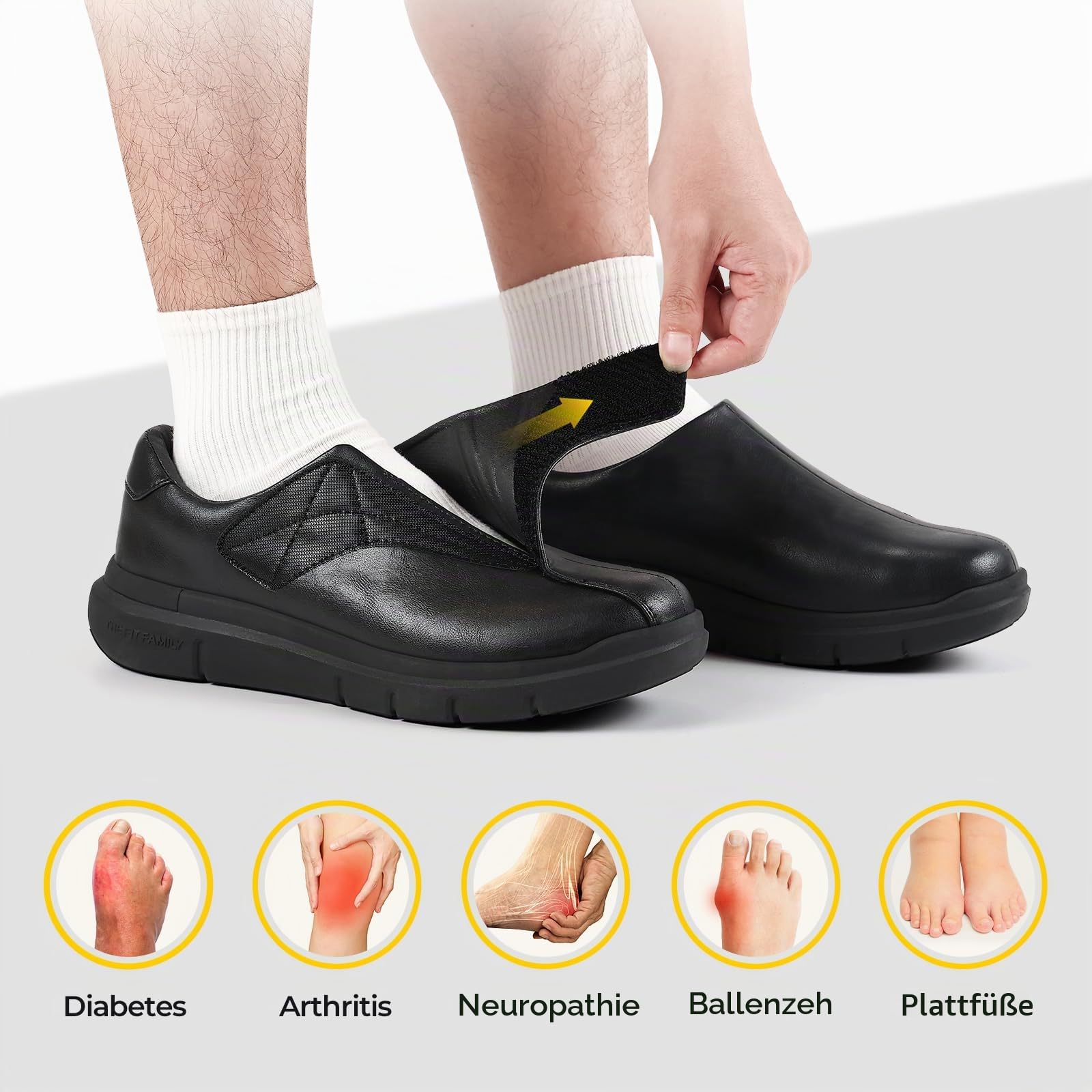 FitVille Extra Weite Lederschuhe Herren mit Klettverschluss Bequeme Seniorenschuhe Pflegeschuhe Gesundheitschuhe Hausschuhe Business Casual Schuhe für Breite Füße EasyTop Deluxe V1