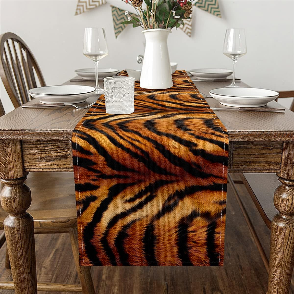 Feelyou Tiger Print Table Runner, 13"x 71" Kids Tiger Fur Texture Print Table Runners for Table Dresser Runner Luxurious Wildlife for Dinning Kitchen Party Holidays Home Decor （No Real Fur）