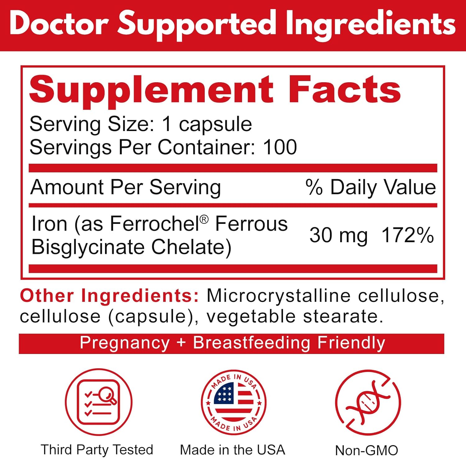 Reacted Iron - Iron 30mg (Ferrous Bisglycinate 325mg) for Red Blood Cell & Energy Support - Supports Anemia, Fatigue - No Constipation-100 Capsules