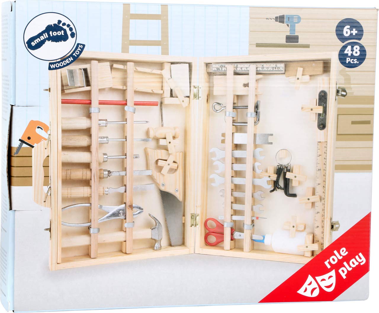 Small Foot Walizka narzędziowa Deluxe z drewna, z akcesoriami, takimi jak młotek, piła, strug i wiele więcej, od 6 lat, 2241 Toys, 37 x 29 x 8,5 cm