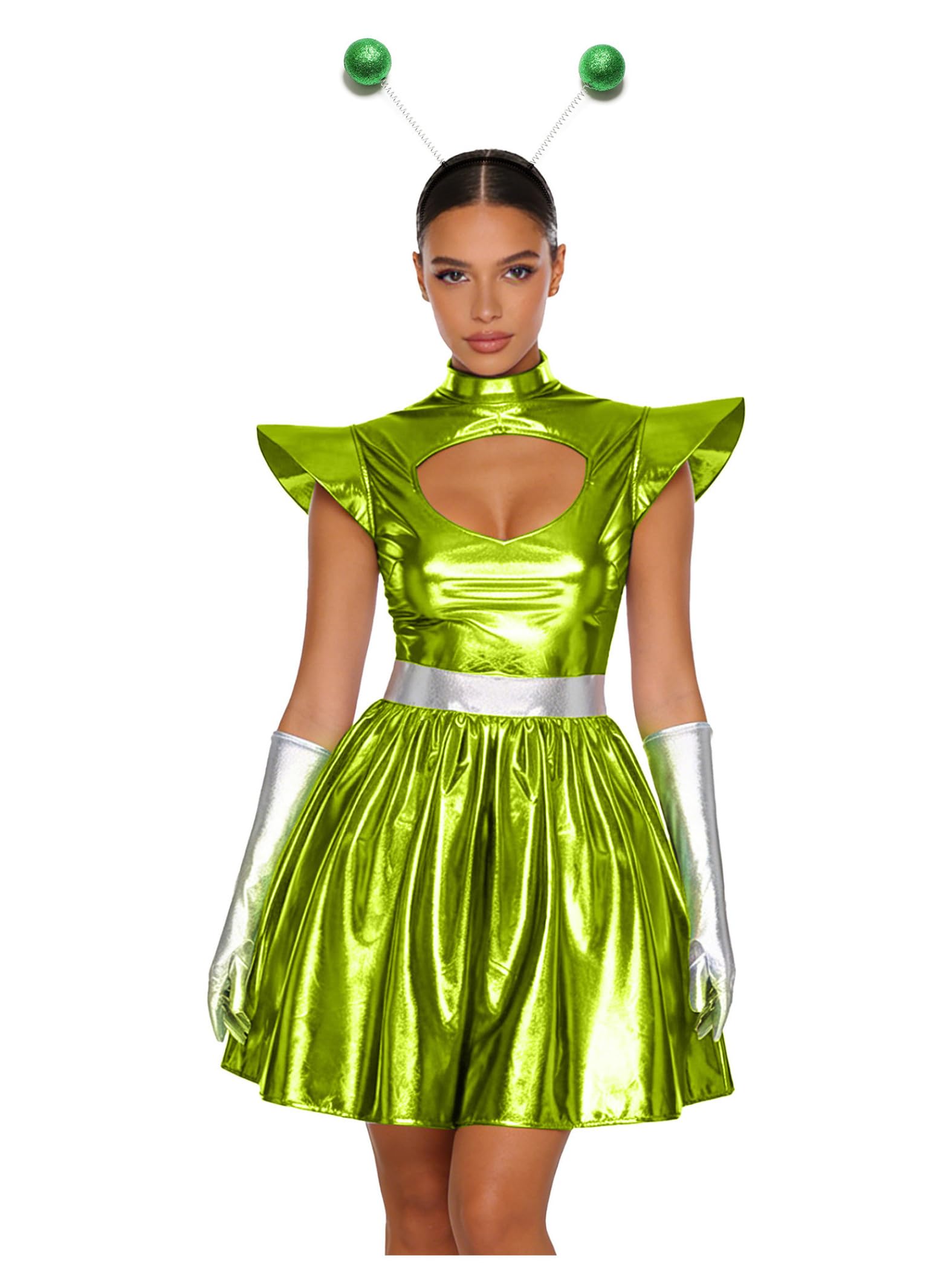 Yiesvsov Women Space Fancy Costume Metallic Robot Alien Costume Front Hollow Dress for Halloween Party 2Pcs Green M