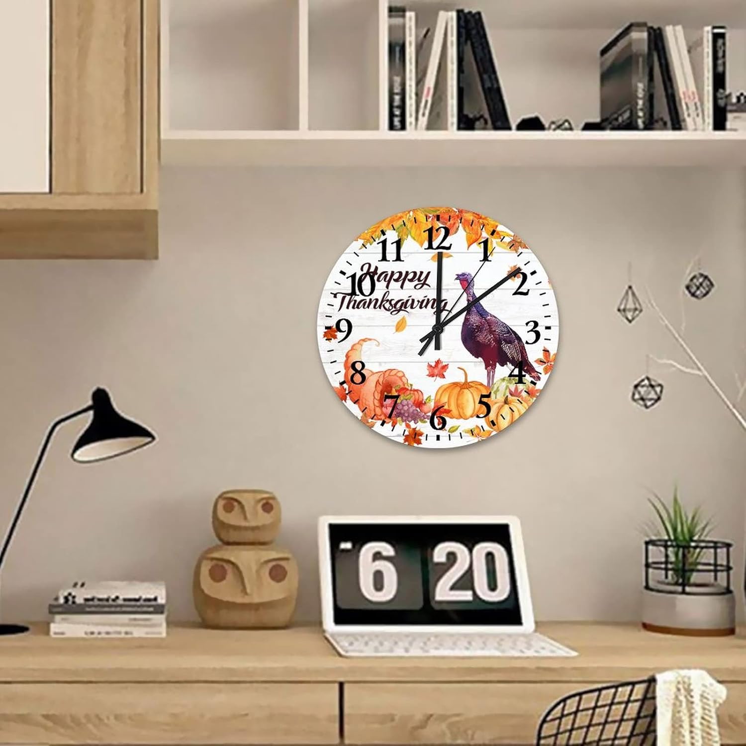 12 Inch Happy Thanksgiving Day Funny Turkey with Pumpkins Maple Leaves Wood Wall Clock Silent & Non-Ticking Seasonal Fall Harvest Vintage Wood Print Wall Clock Round Clock for Kids Room and Kitchen
