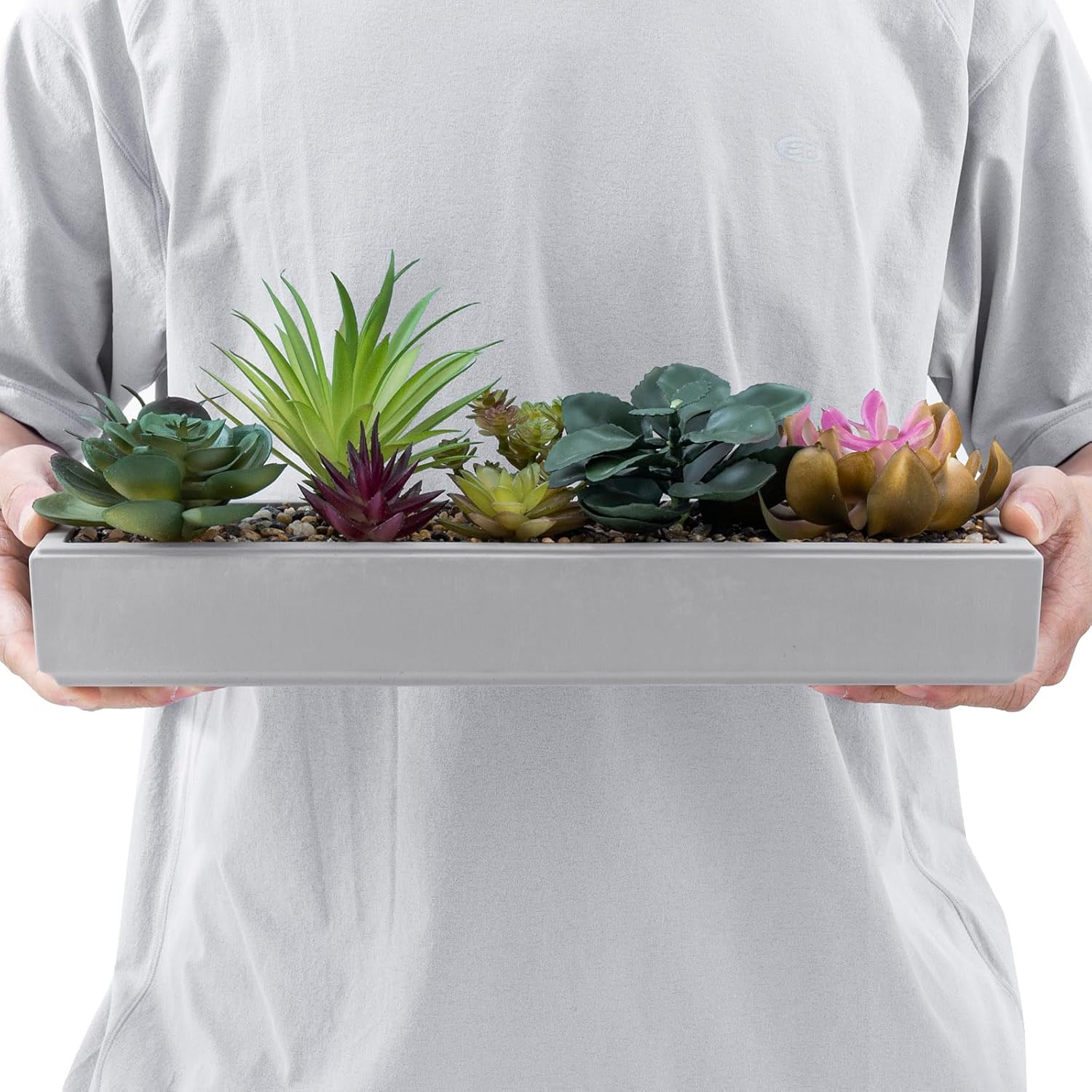 MyGift 15 Inch Mixed Color Assorted Artificial Succulent Plant Arrangement in Modern Gray Clay Planter Tray - Image 7