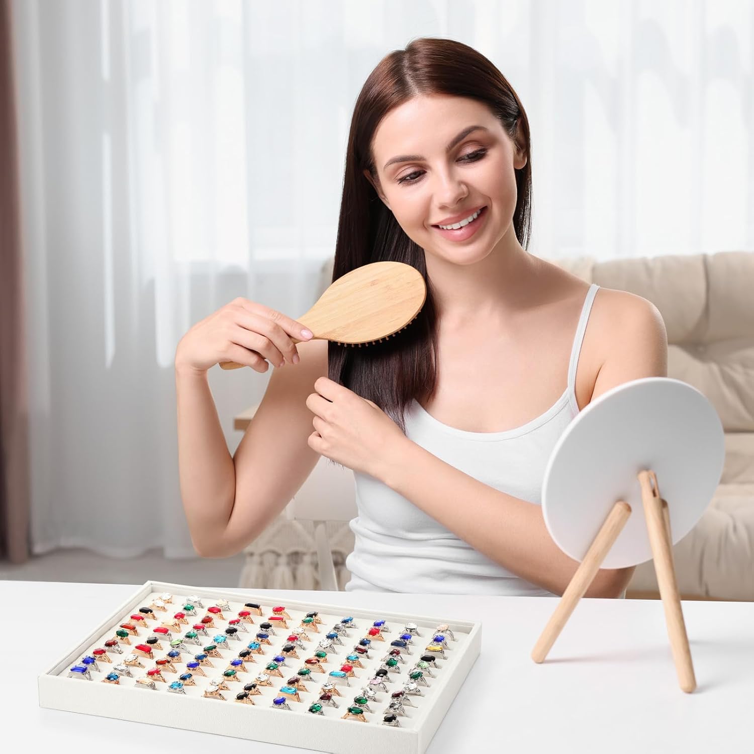 Wenqik 4 Pcs Cardboard Ring Holder with Velvet Lining, 100 Slot Inserts Stackable Ring Display Tray,13.8 x 9.4 x 1.2 inch (Beige)