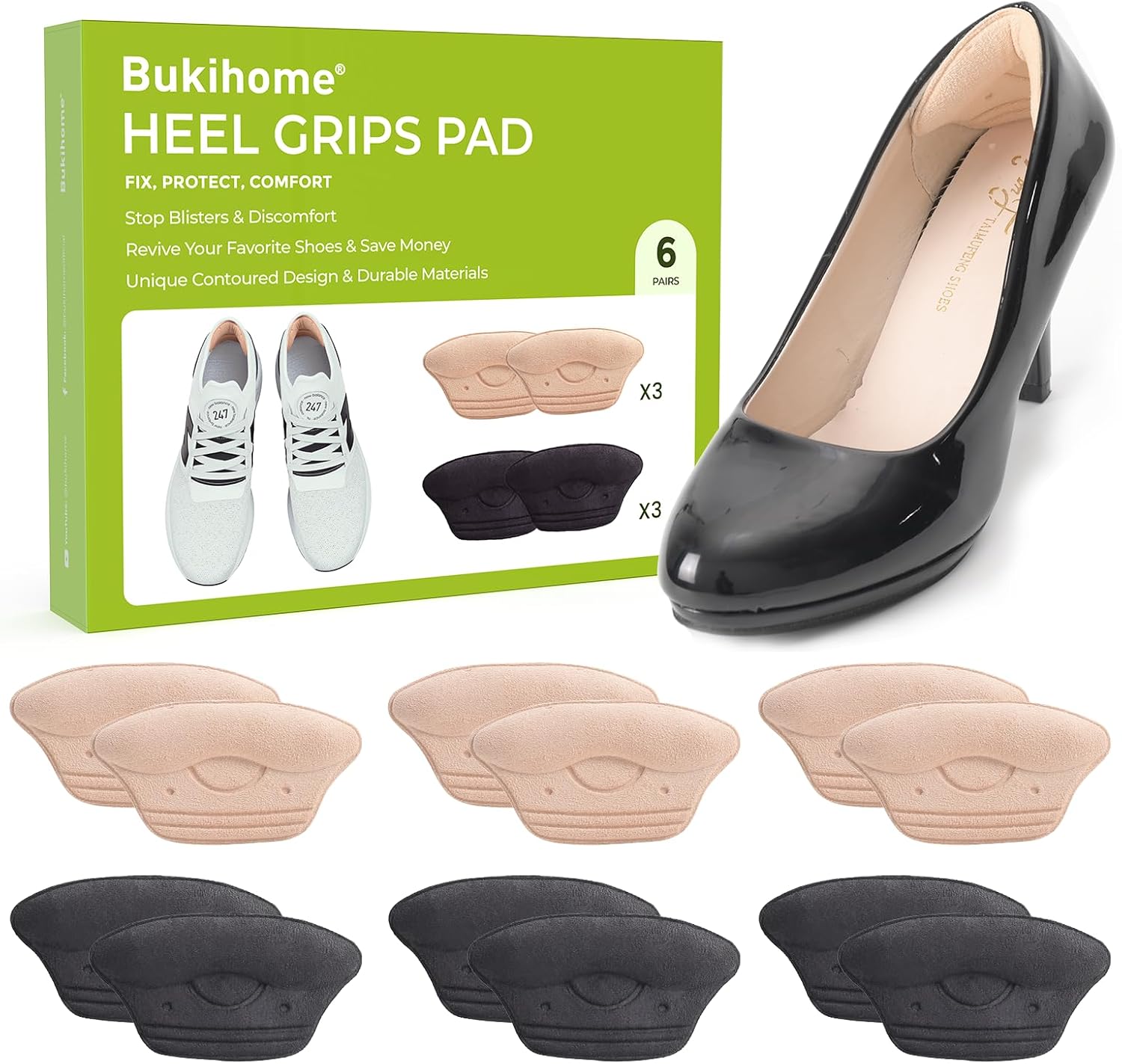 Heel Grips Pads for Women Shoes - Bukihome Heel Inserts Liners Non-Slip for Loose Too Big Shoes - Shoe Cushions Fillers Prevent Blister Callus Rubbing Pain Fatigue Relief, Fits Most Shoe (6 Pairs)