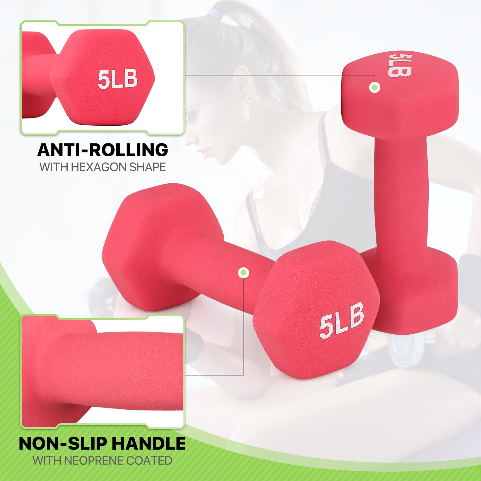 Hanteln Handgewichte Set, Neopren beschichtet Hexagon Workout Hantel für Frauen und Männer, 1, 2, 3, 5, 8, 10, 12, 6,8 kg - Paar