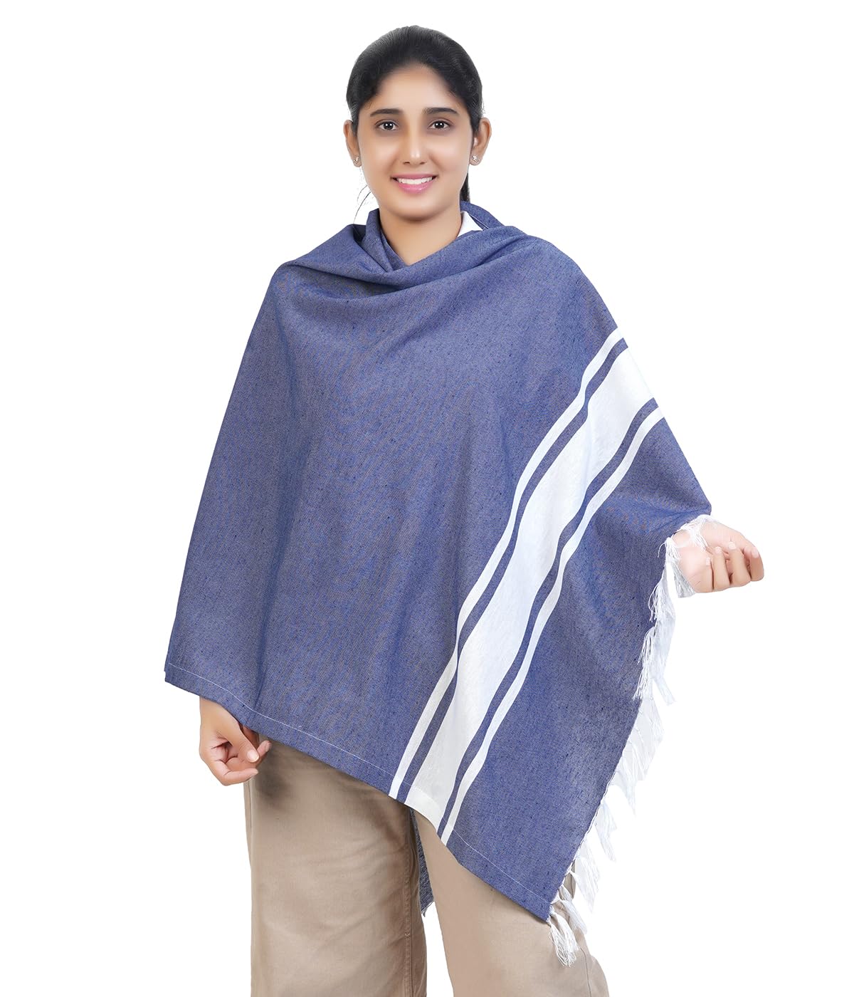 Breastfeeding Shawl/Nursing Cover for Mothers Outdoor 360 Protection Teal and White Striped Fringed Feeding Shawl (Denim Blue)-image-13