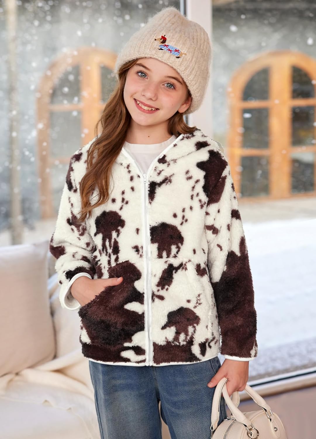 IMMER Girls Winter Full Zip Sherpa Fleece Long Sleeve Solid Hoodie Fuzzy Jacket Outwear Coat with Pocket 3-12 Years