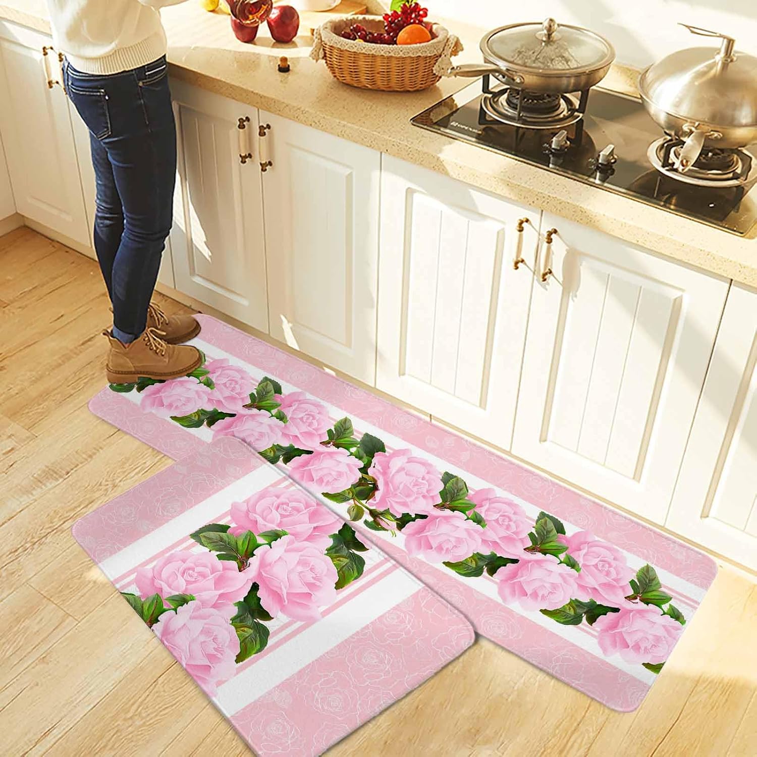 Valentine's Day Kitchen Rugs and Mats Set of 2, Non-Slip Kitchen Sink Mat, Pink Roses Floral Romantic Striped Washable Doormat Bathroom Rugs Runner for Bedroom/Living Room 19.7"x31.5"+19.7"x47.2"