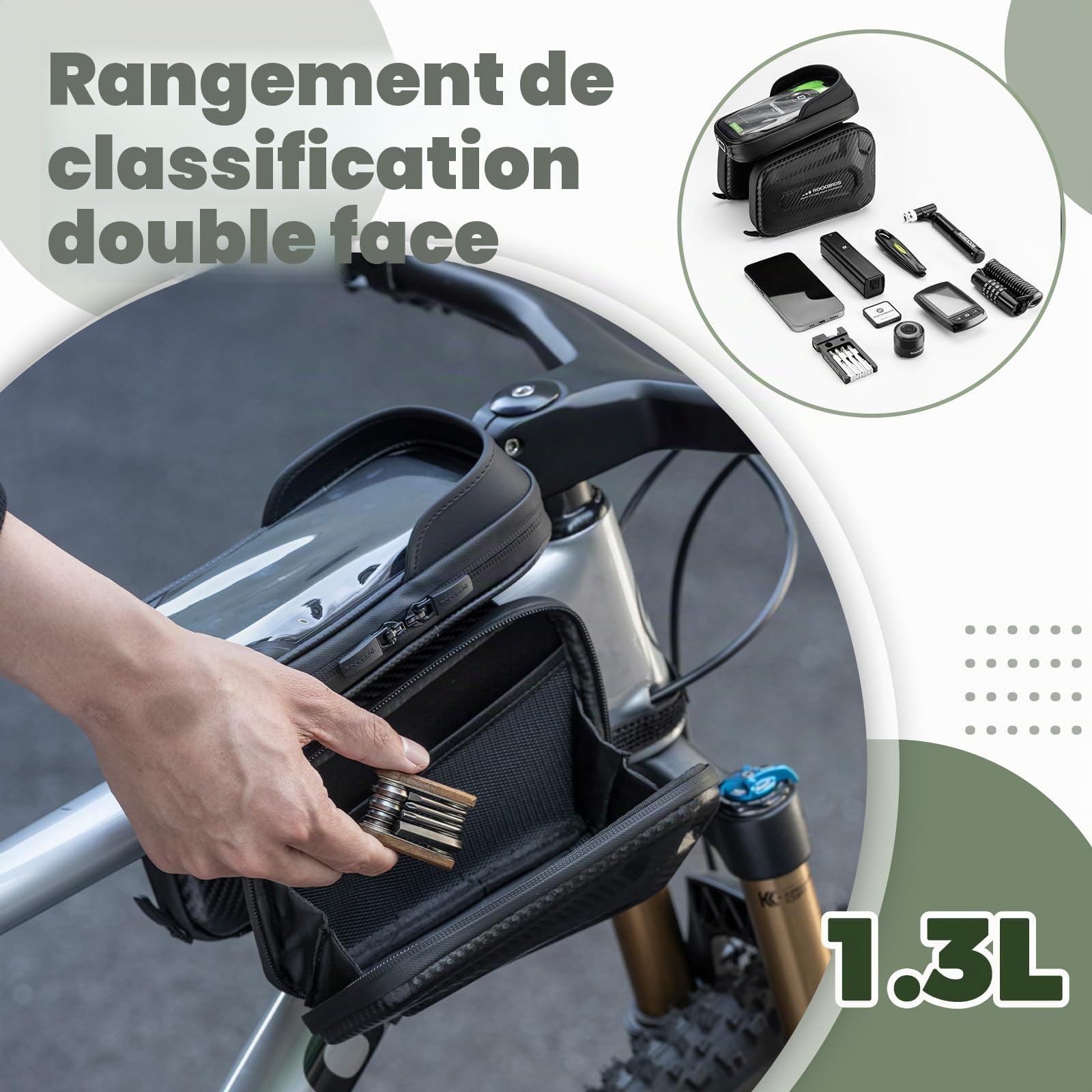 ROCKBROS Sacoche Cadre Vélo avec Support Pare-Soleil Support Téléphone Vélo Amovible Écran Tactile Sensible Sacoche Tube Supérieur pour Cyclisme VTT Smartphone 1,3 L
