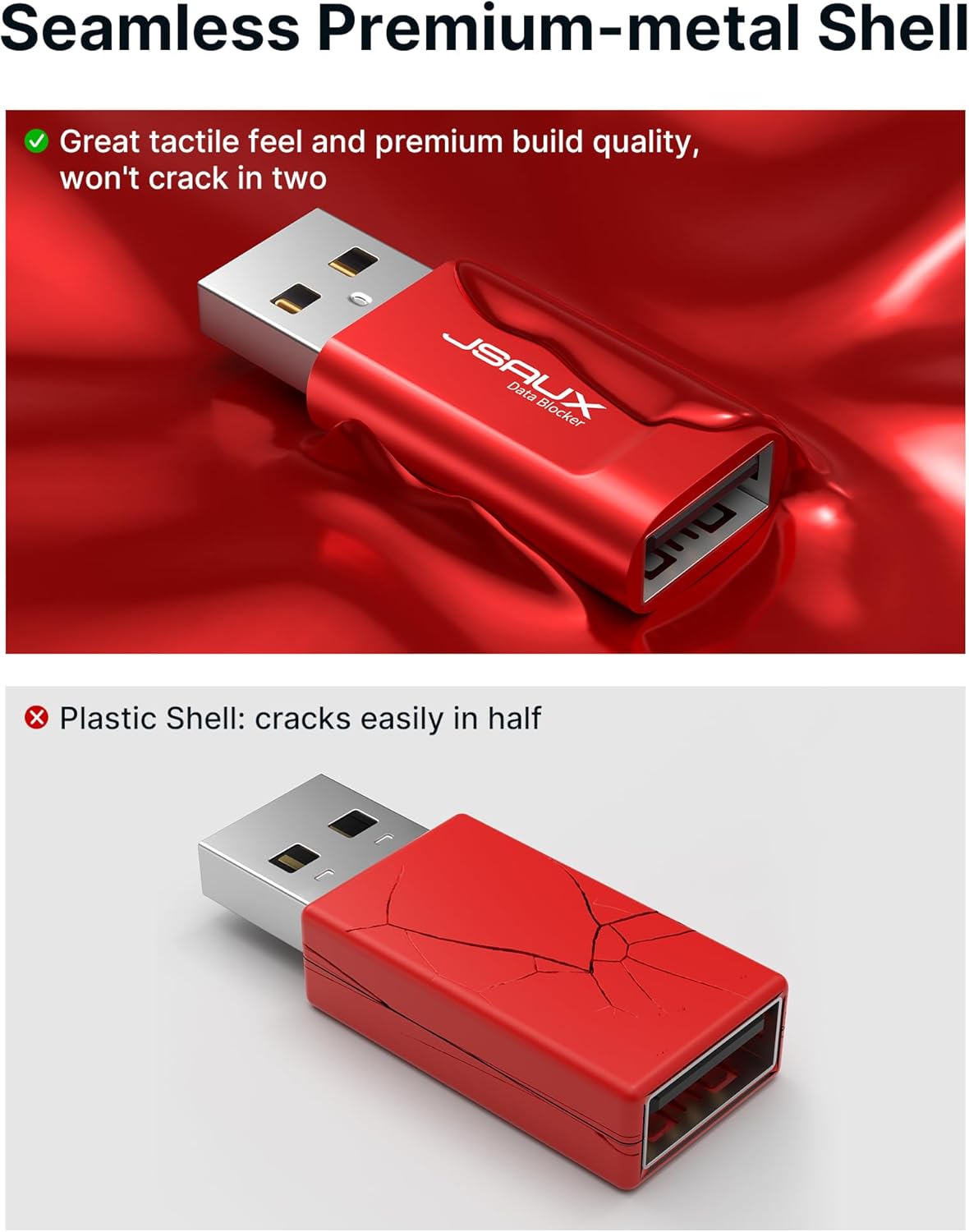 Comparison of JSAUX metal shell data blocker with a cracked plastic shell data blocker