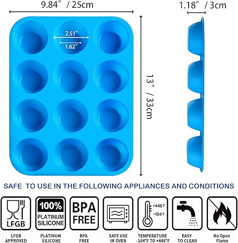 Miniatura 2 de Moldes de silicona para magdalenas para hornear, moldes de silicona antiadherentes para hornear, 12 tazas para magdalenas para congelar huevos,