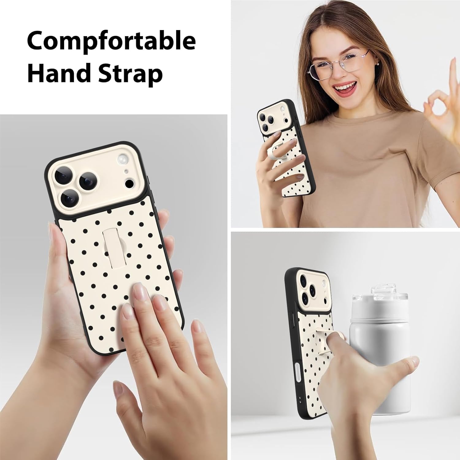 KANGHAR Compatible with iPhone 17 Pro Max Case White Dot Pattern Cute Wristband Stand Phone Cover for Women Girls Men Shockproof Slim Protective Cover Phone 17 Pro Max 6.9 Inch