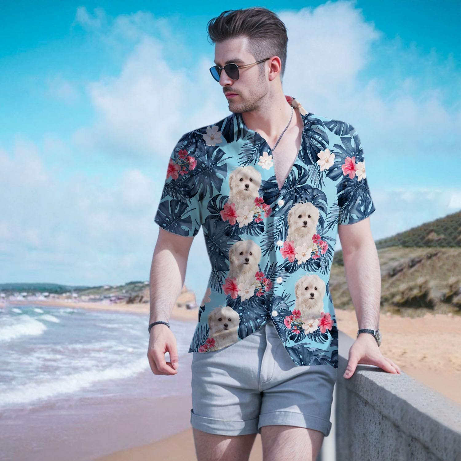 Maltese Hawaiian Shirts for Men,Button Down Beach Casual Shirtss