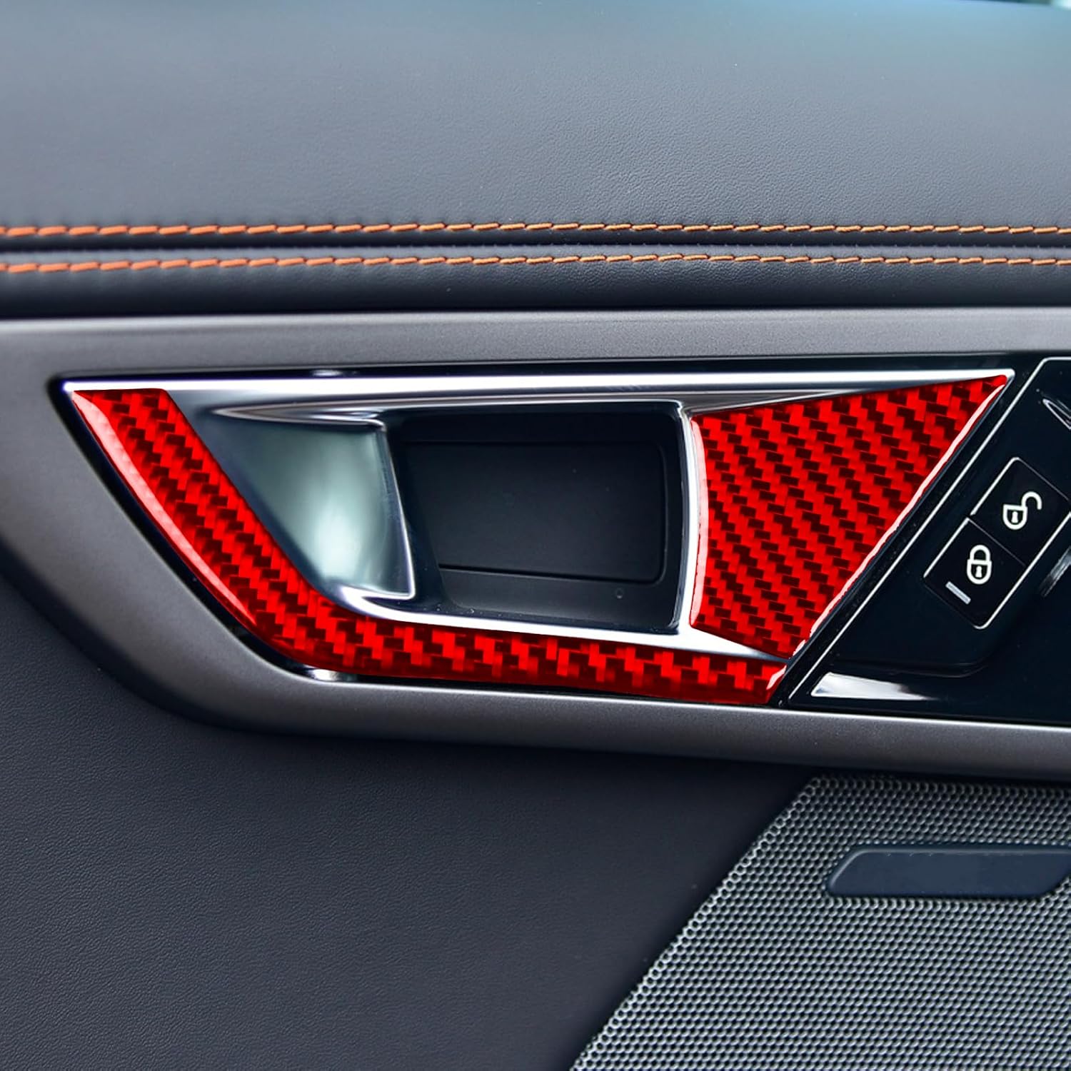 Real 3K Bright Carbon Fiber Car Inner Door Handle Panel Door Bowl Anti-Scratch Cover Decoration Trim Soft Sticker Set Compatible with Jaguar F-Type X152 2014-2024 Auto Interior Accessories Red