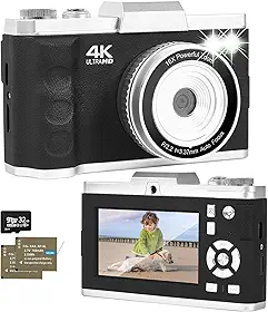 Câmera digital, câmera de vlogging 4K com foco automático para YouTube com cartão SD, câmera digital compacta portátil de 64 MP para adolescentes adultos iniciantes com zoom de 16x