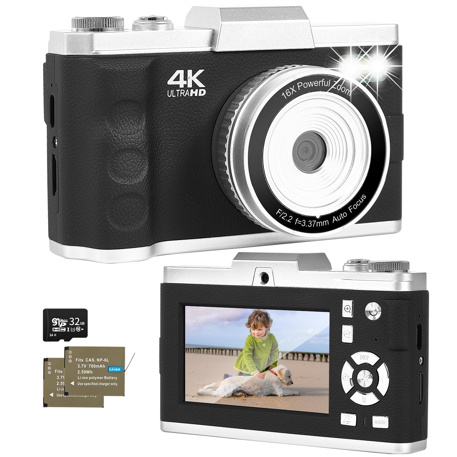 Kalofaye Digital Camera,Autofocus 4K Vlogging Camera for YouTube with SD Card,64MP Portable Compact Point and Shoot Digital Camera for Teens Adult