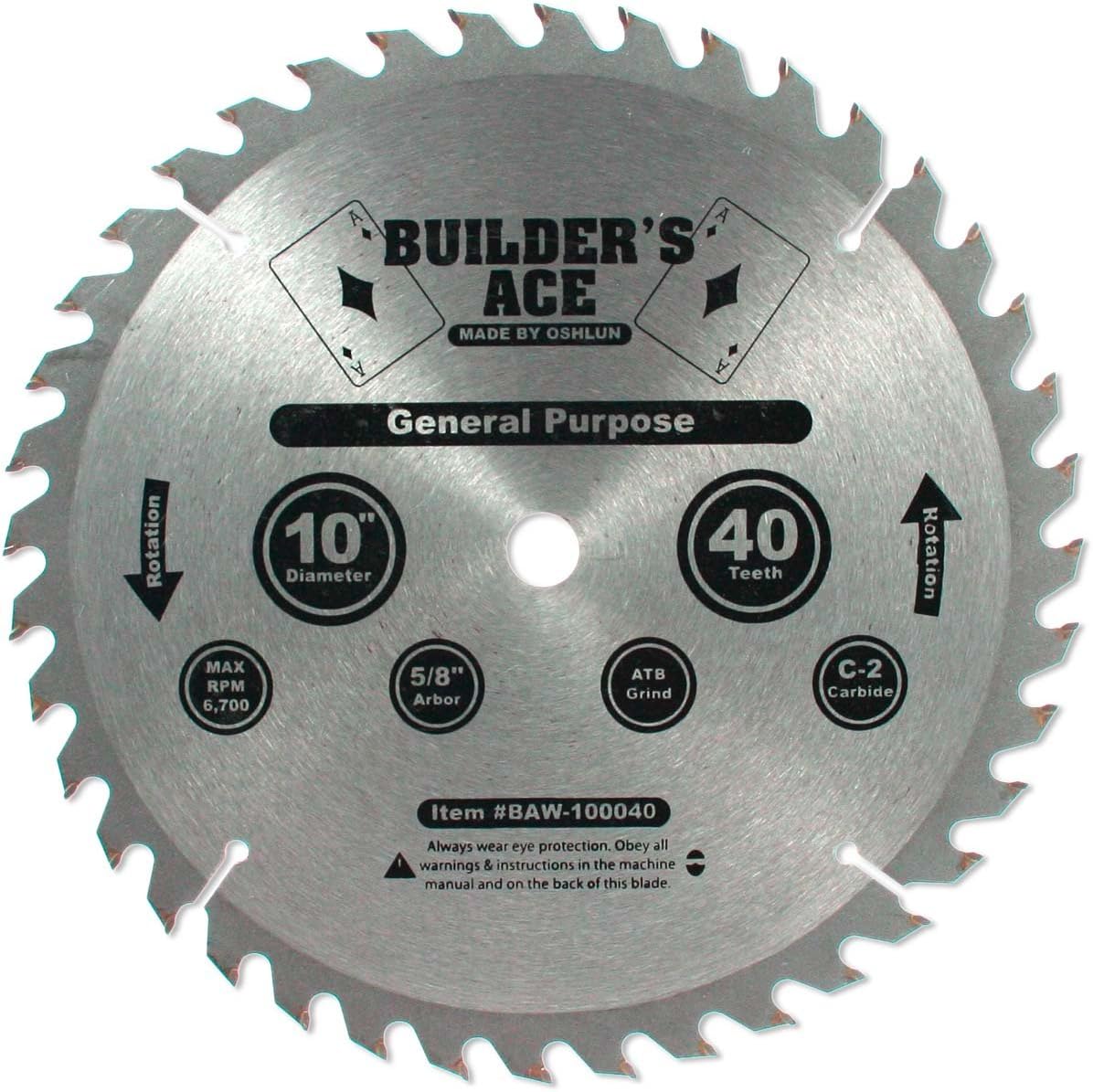 Oshlun BAW-100040 10-Inch 40 Tooth Builder's Ace General Purpose ATB Saw Blade with 5/8-Inch Arbor