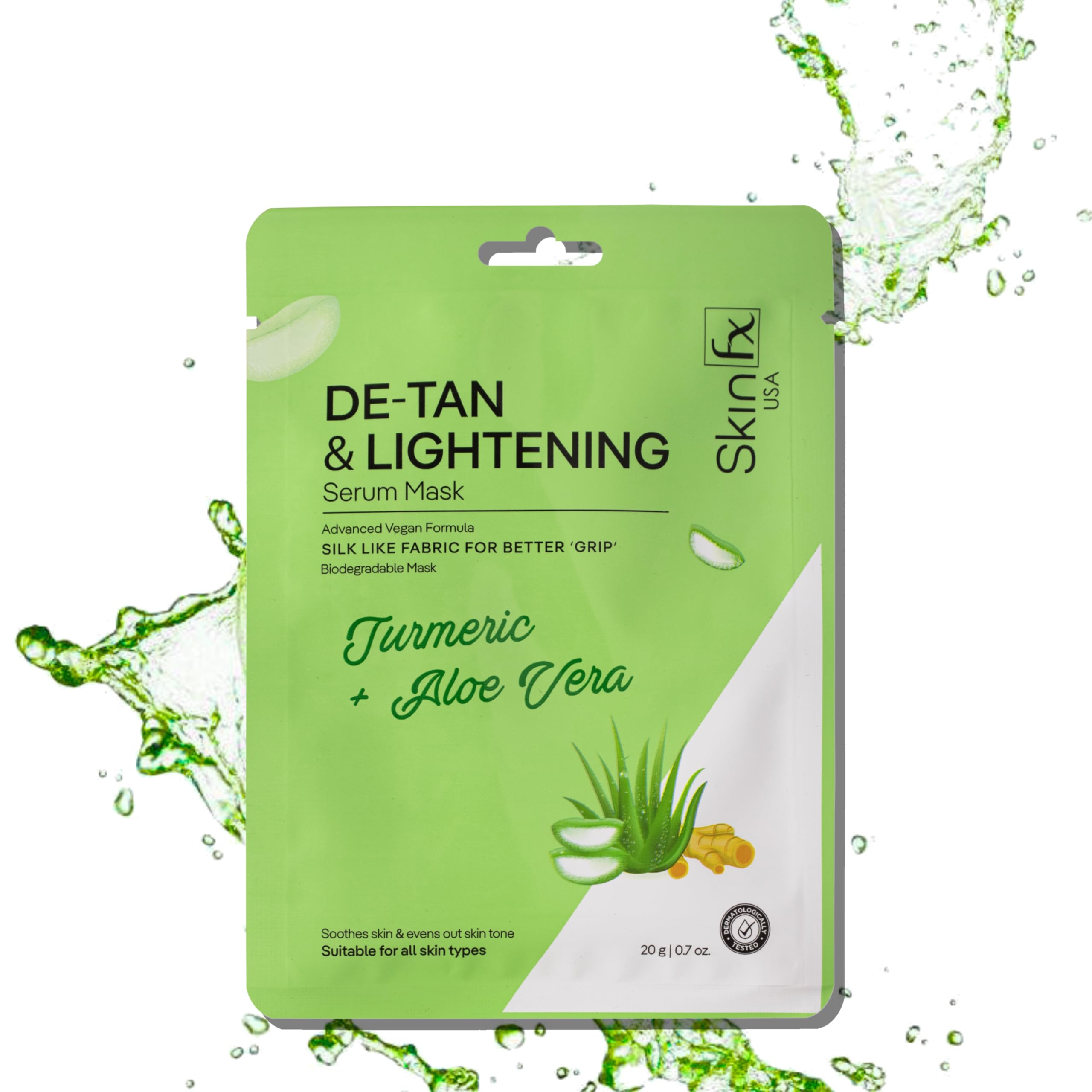 Skin Fx De-Tan & Lightening Sheet Mask with Turmeric & Aloe Vera – Biodegradable Serum for Soothing, Even Skin Tone & Hydration, Vegan Formula, 20g (Pack of 1)