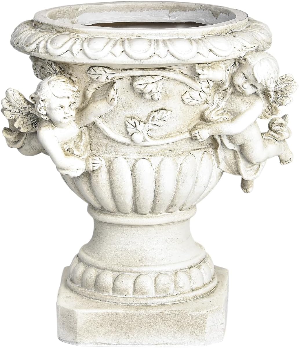 Sungmor Garden Cherub Urn Planter, Lovely Resin Angel Statue Flower Pots, Vintage European Style Planter, Rustic White Whimsy Fairy Decorative Plant Pot, Beautiful Pot for Indoor Outdoor Flowers