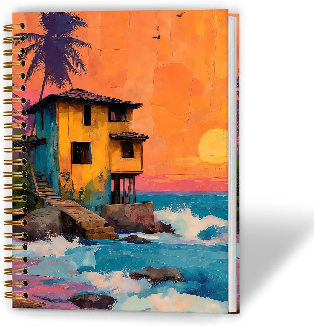 Vintage Coastal Beach House Spiral Notebook 5.5x8.3, Tropical Palm Tree Sunset Journal for Women, Gifts for Ocean Lovers, Retro Summer Beach Scene Hardcover Notebook Journal