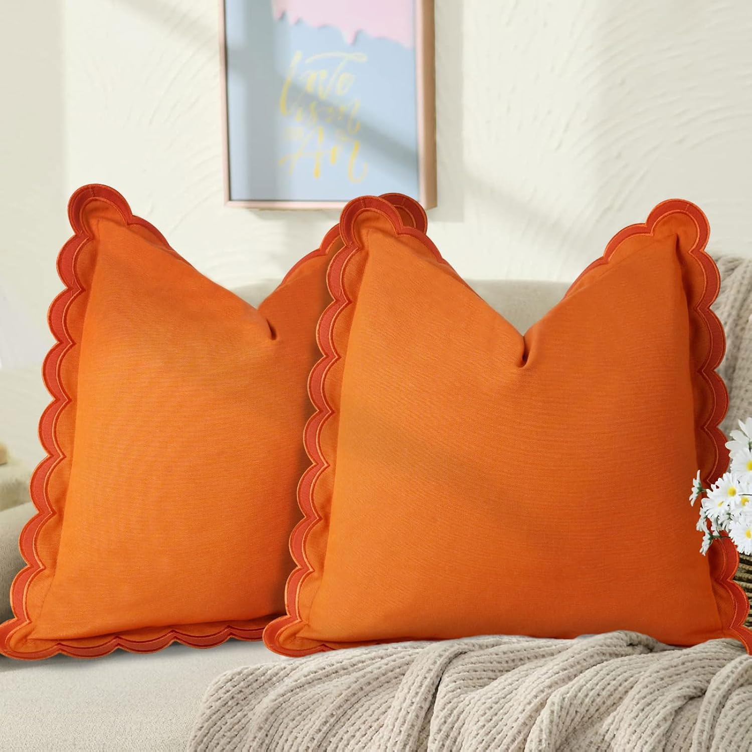Scalloped Throw Pillow Covers Set of 2, 18x18 Inch Double Stitch Decorative Cotton Pillow Covers for Couch, Sofa & Living Room, Soft and Stylish Home Decor (Orange)