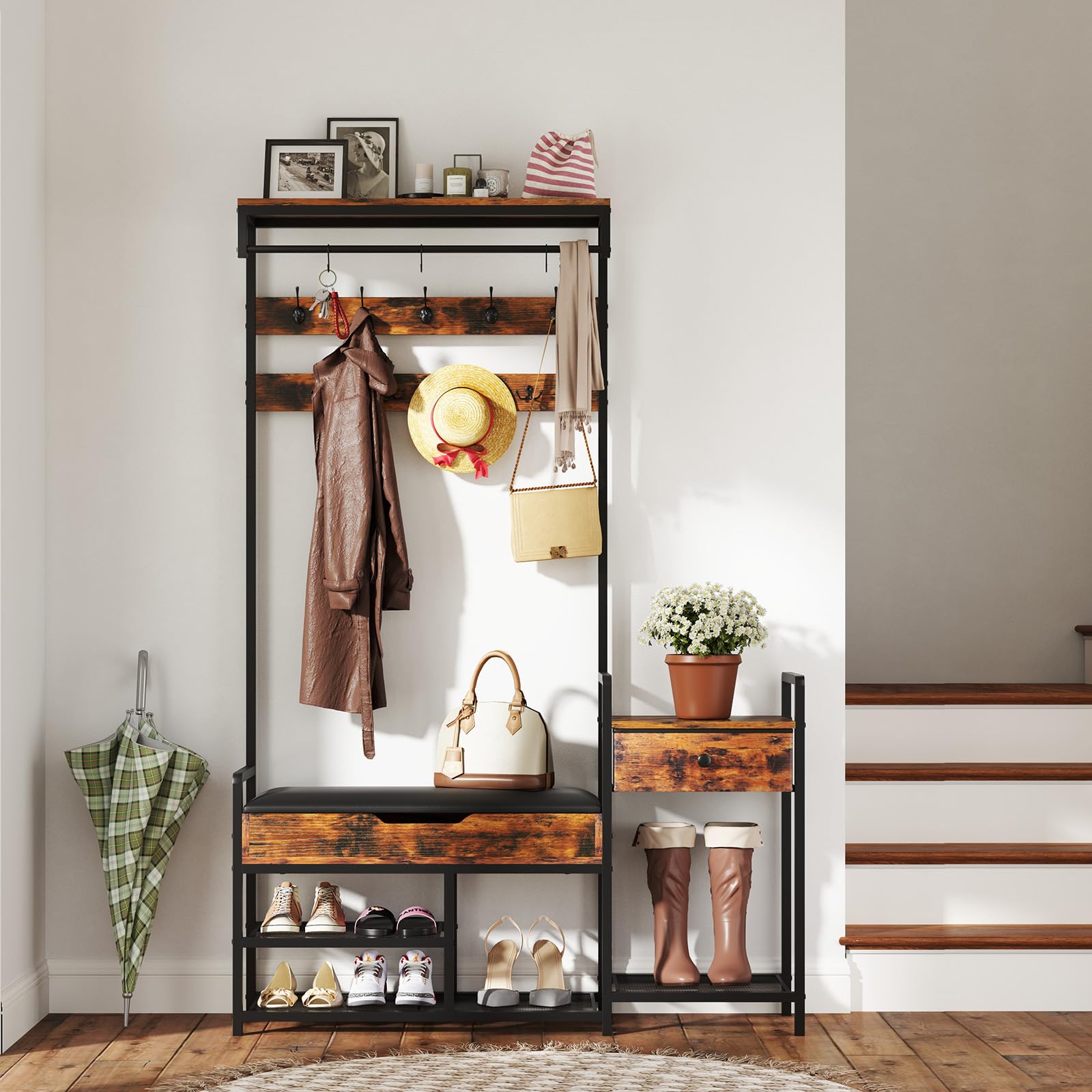 HOMASIS 5 in 1 Stand Appendiabiti con Panca per Scarpe, Guardaroba a Giorno con 12 Ganci, Scarpiera, Asta Appendiabiti, Cassetti e Scaffali, Armadio Aperto in Metallo, Marrone, 120 x 30 x 178 cm