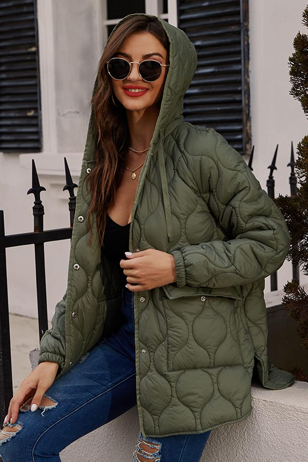 RISISSIDA Women Quilted Jacket Hooded Spring Fall Fashion, Loose lightweight Packable Transitional Puffer Coat - Image 3