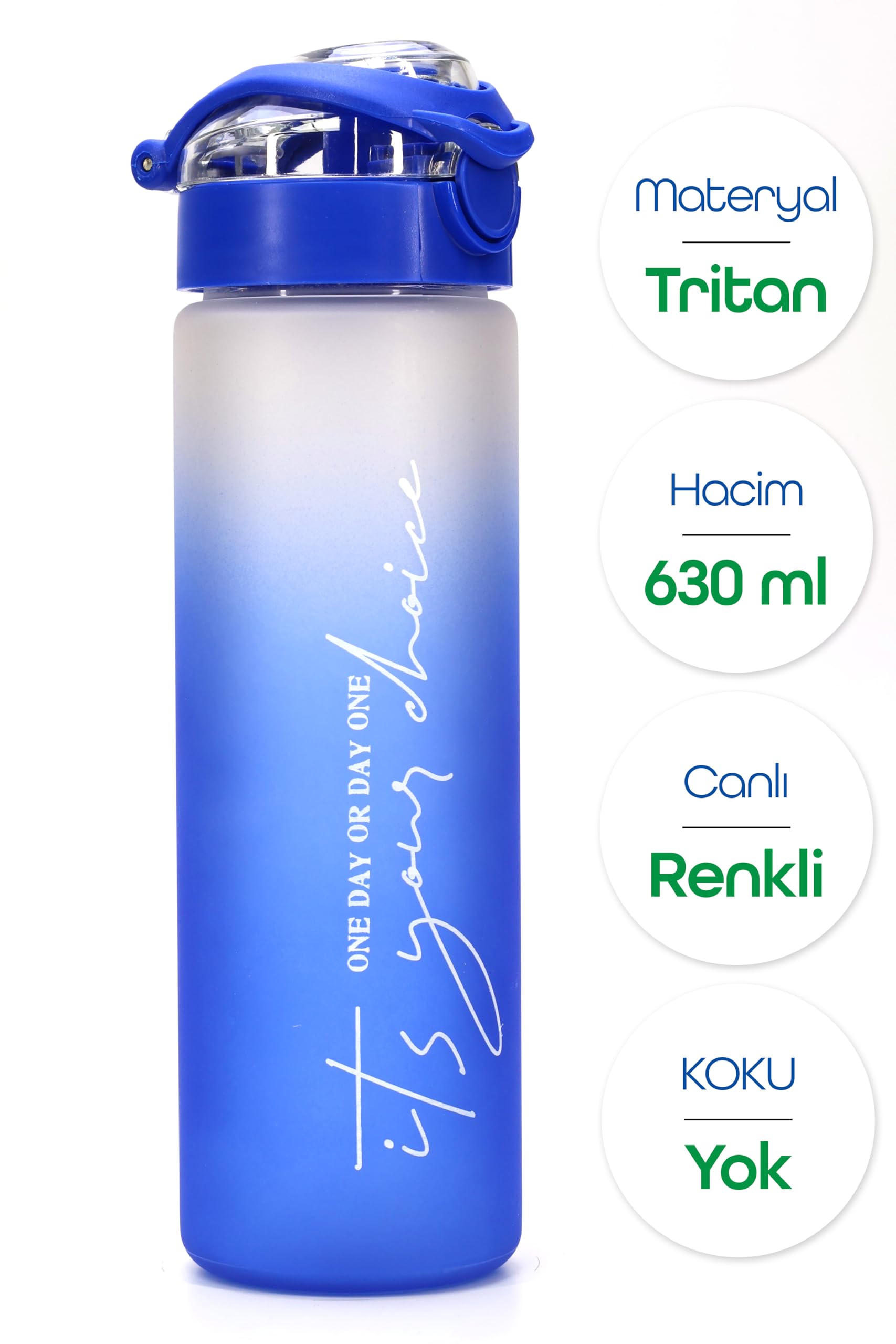 Su Matarası Tritan Geniş Ağız Su Şişesi Gradient Type Spor Matarası Suluğu BPAsız 630 mL Mavi 0111