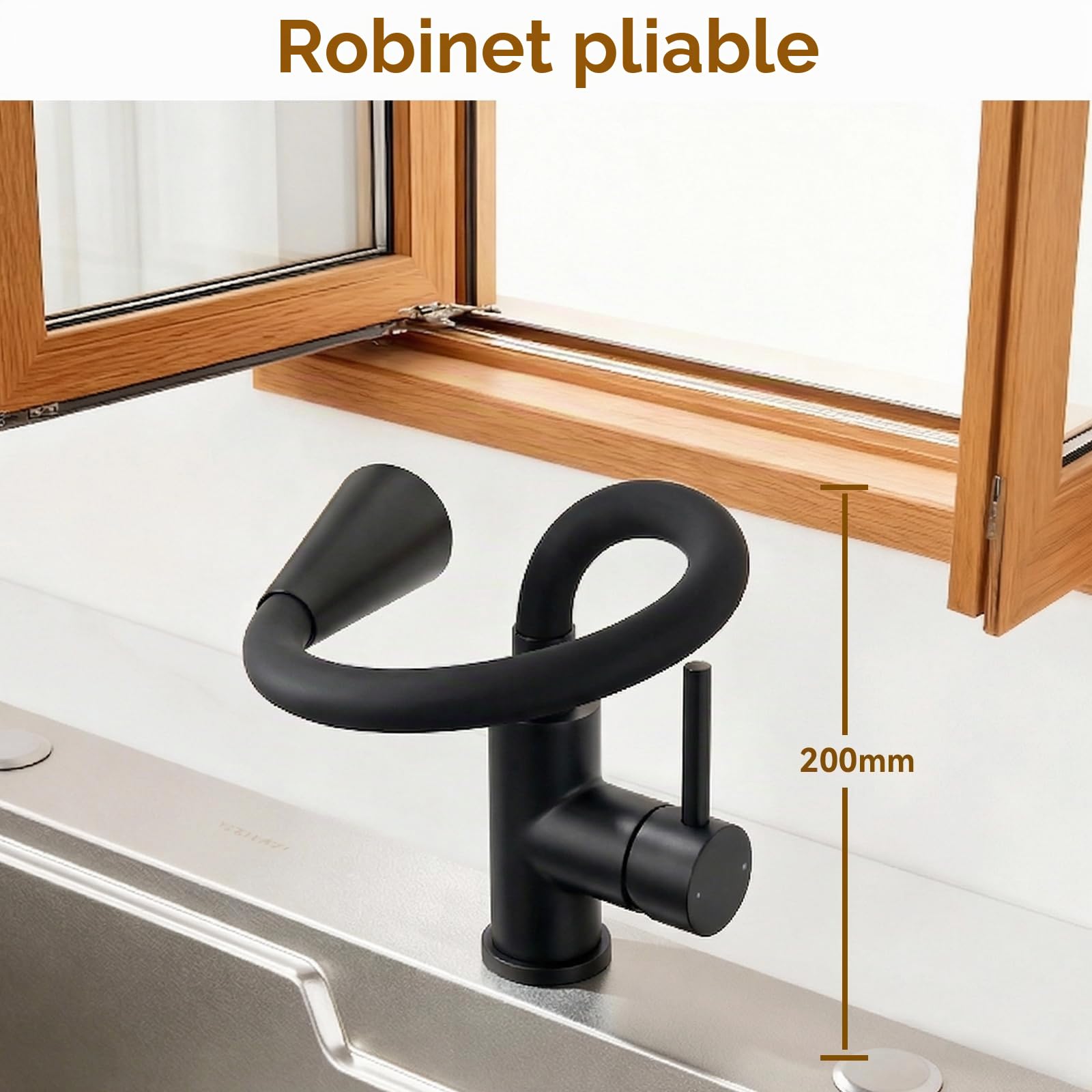 Robinet Cuisine Noir, Mitigeur Cuisine avec Bec Flexible 4 Modes de Réglage, Robinetterie Evier Pivotant à 360° en Acier Inoxydable, Froid & Chaud Disponible