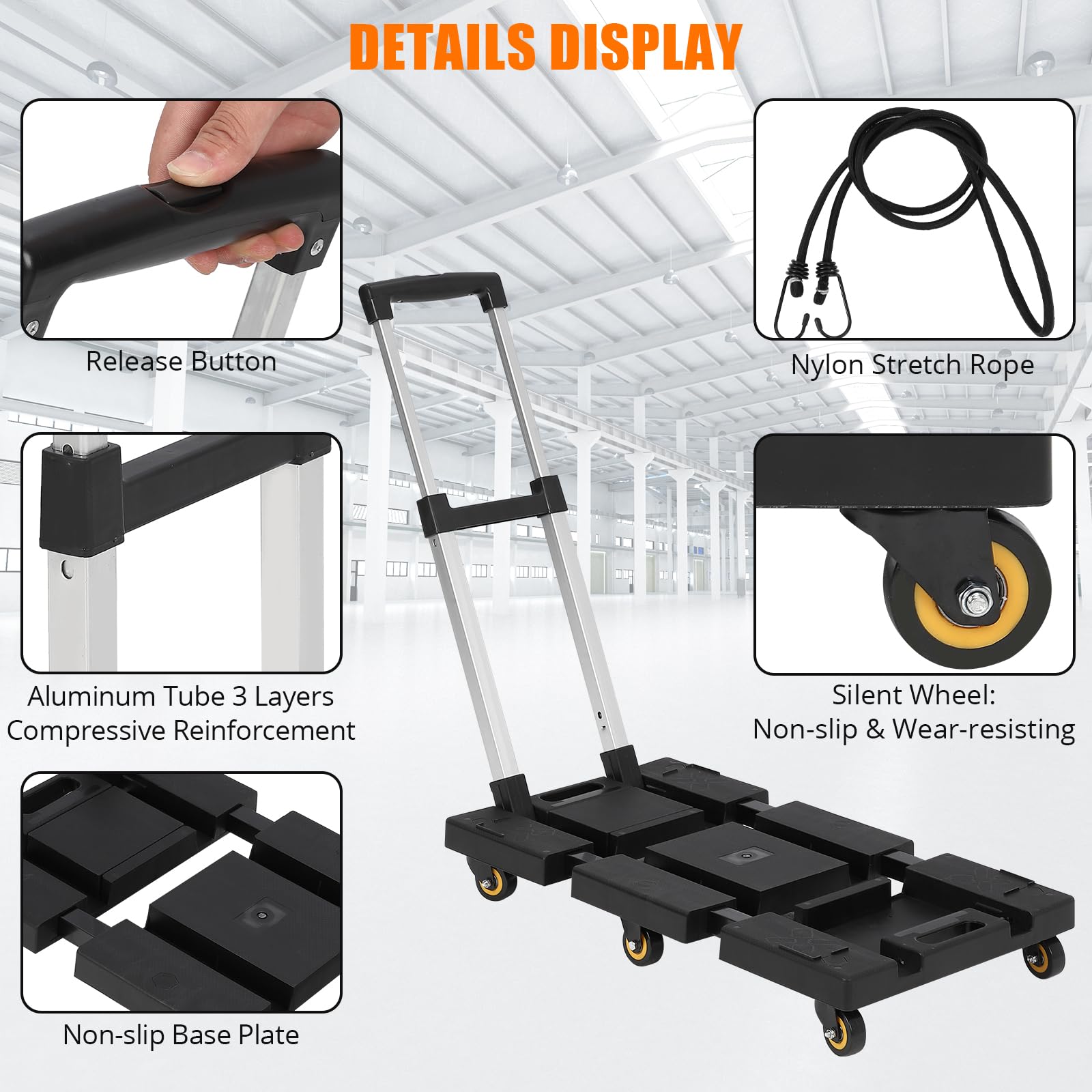 Carrello a mano pieghevole, carrello per bagagli con capacità di 500 libbre, pieghevole portatile con 6 ruote e 2 corde elastiche, maniglia regolabile, carrello per bagagli, personale, viaggi, auto,