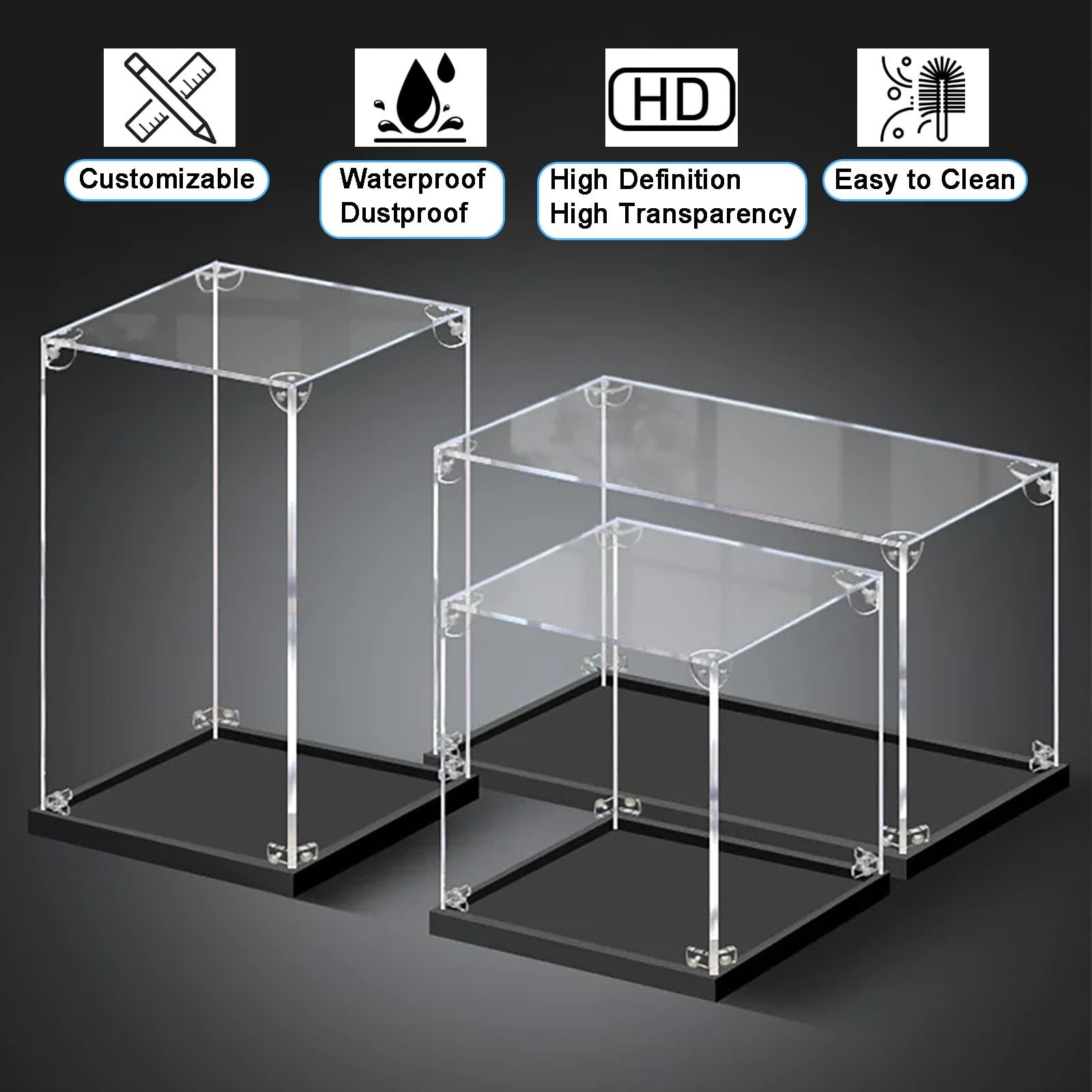 Caja acrílica Caja expositora Grande de acrílico, Vitrina Transparente con Base Negra, Armario apilable Antipolvo para Figuras, Zapatillas y Juguetes(50cm/20,15x25cm/6x10)