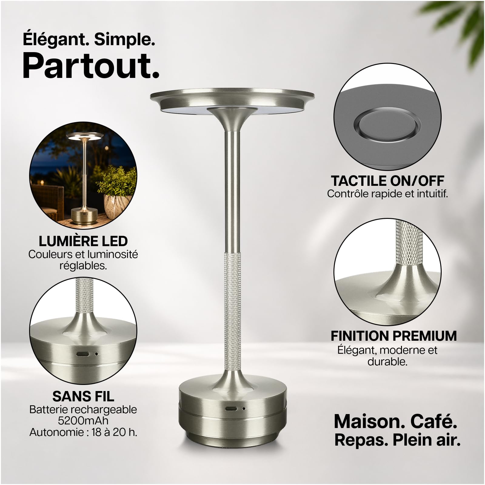 MMOBIEL Lampe de Table Sans Fil LED Tactile Rechargeable Métal, 3 Températures de Couleur à Intensité Variable, Batterie 5200mAh, USB-C pour Chambre, Bar, Terrasse, Intérieur/Extérieur – Argent