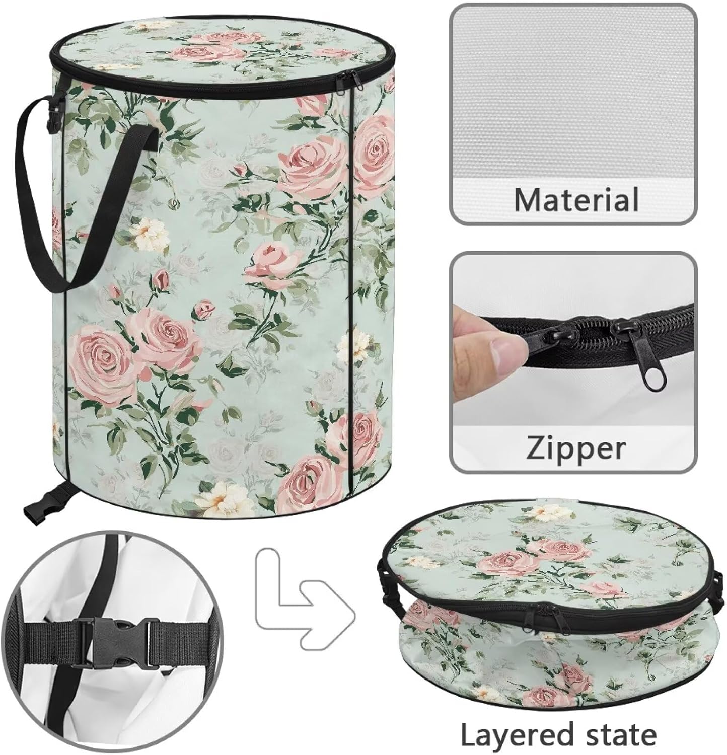 ZOUTAIRONG Floral Collapsible Trash Can Washable Garbage Bag with Lid and Handle Portable Garden Trash Bin for Collecting Party and Yard Waste, Pink Roses Print
