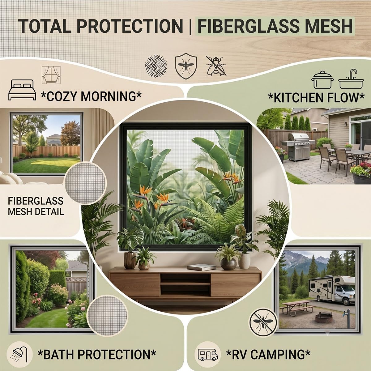 Mosquiteras para Ventanas y Puertas, Malla Mosquitera Fibra de Vidrio Anti Mosquitos, Red Mosquitera Ventana con Cinta Adhesiva de Gancho y Bucle Sin Taladrar(White,59x110in)