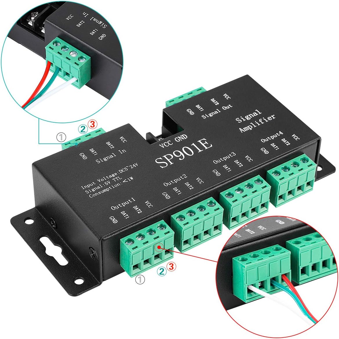 SUPERNIGHT LED Pixel Strip Amplifier Signal Data SPI Repeater for WS2801 WS2811 WS2812B WS2813 WS2815 SK6812 SK9822 Addressable RGB Light Strip Dream Color Programmable Rope Lighting 5v-24v SP901E