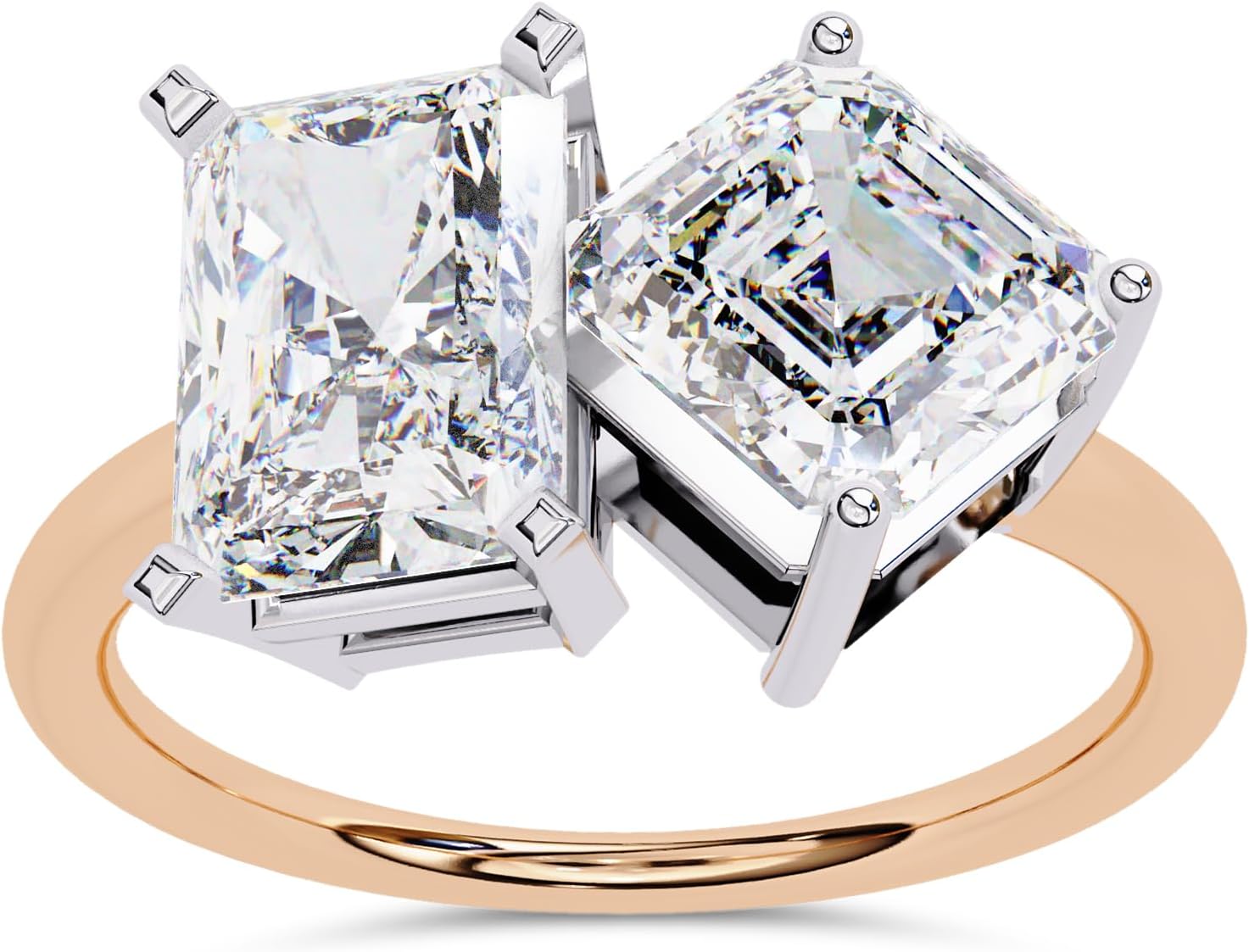 SAVEARTH DIAMONDS Toi Et Moi Ring for Women Radiant and Emerald Cut Lab Created Moissanite 2-Stone Engagement Wedding Rings Jewelry In 10K / 14K Solid Gold Or 14K Gold Plated 925 Sterling Silver