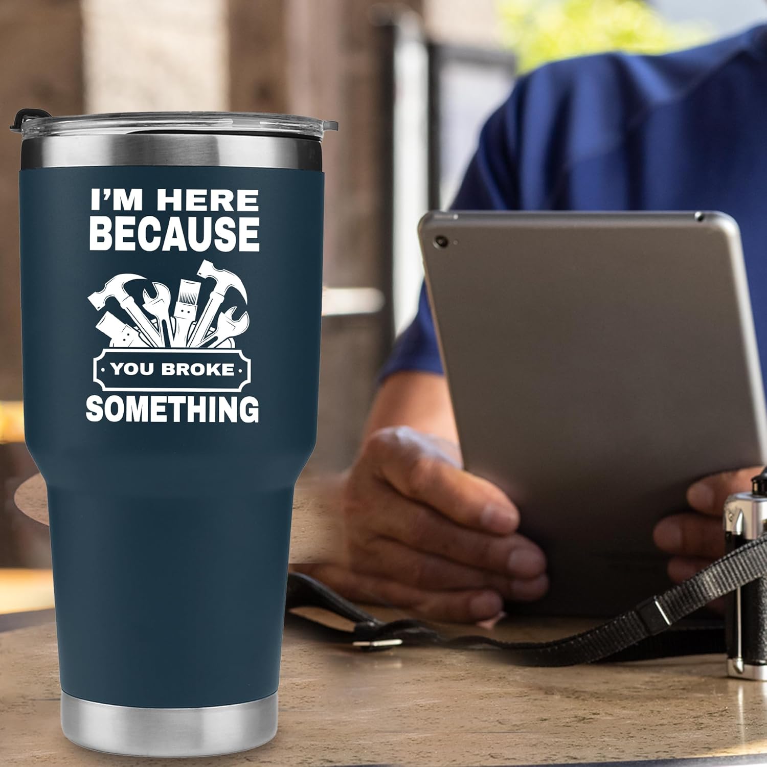 Panvola I'm Here Because You Broke Something Vacuum Insulated Tumbler Carpenter Gifts Mechanic Dad Husband From Wife Mom Son Daughter Coworker Travel Mug Removable Lid Drinkware (Navy, 30 oz) - Image 8