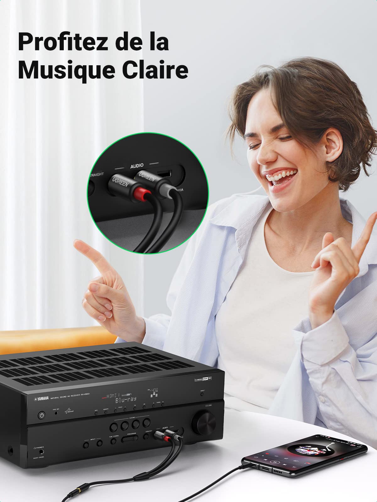 UGREEN Câble RCA Jack 3.5mm Femelle vers 2 RCA Mâle Adaptateur Stéréo Compatible avec Téléphone TV PC Tablette Ampli Chaîne HiFi Barre de Son Home Cinéma Enceinte 25CM