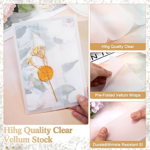 Miniatura 5 de Juego de 50 envolturas de invitaciones de boda, 50 piezas de papel preplegadas de vellum para invitaciones de 5 x 7 pulgadas, 100 flores naturales