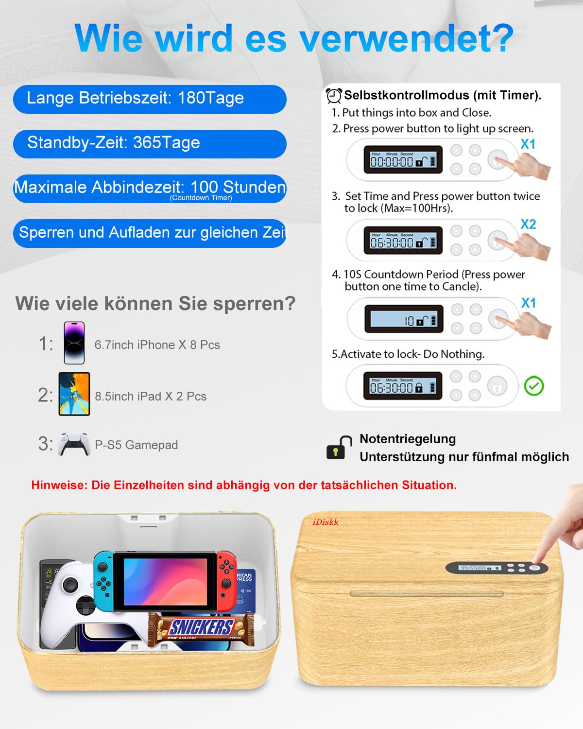 iDiskk Zeitgesteuerte sichere Schließfächer, Handy-Schließfach mit Zeitschaltuhren, Suchtmanagement-Sperre