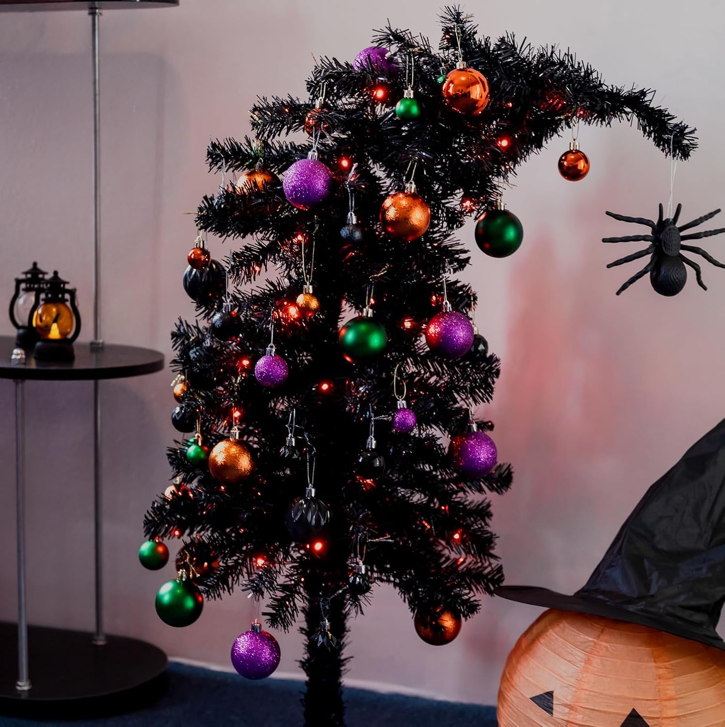 Bundle: 4ft 650-LED Lighted Black Christmas Tree (IP44 Waterproof, Indoor/Outdoor) + 90ct 3-Size (1.18-2.36") Shatterproof Halloween Balls (Purple/Orange/Green/Black) for Halloween/Fall/Christ