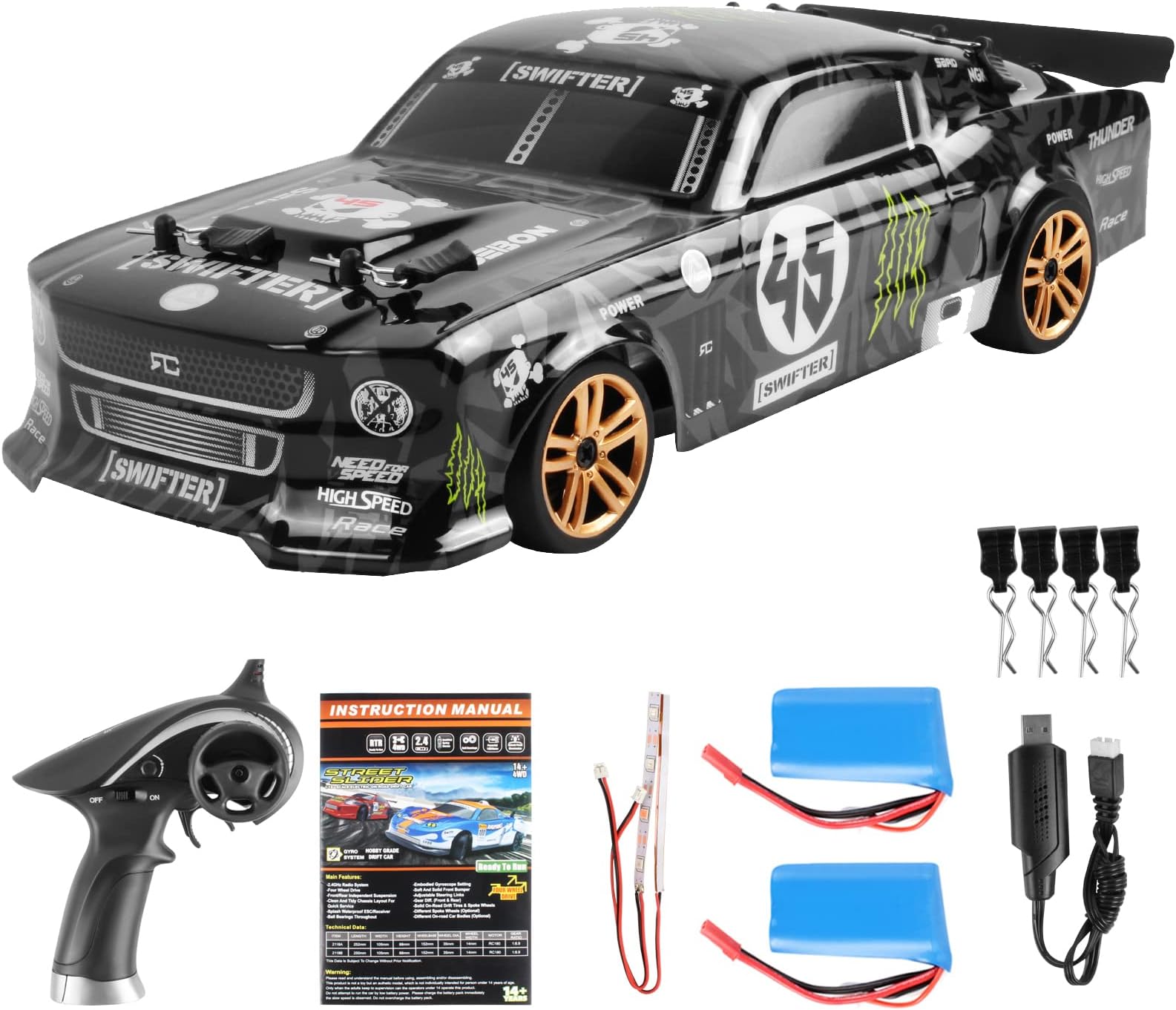 RC Drift Car, 1:18 Scale 2.4GHz 4WD 30KM/H High Speed Remote Control Racing Car with LED Light Strip and 2 Batteries for Adults