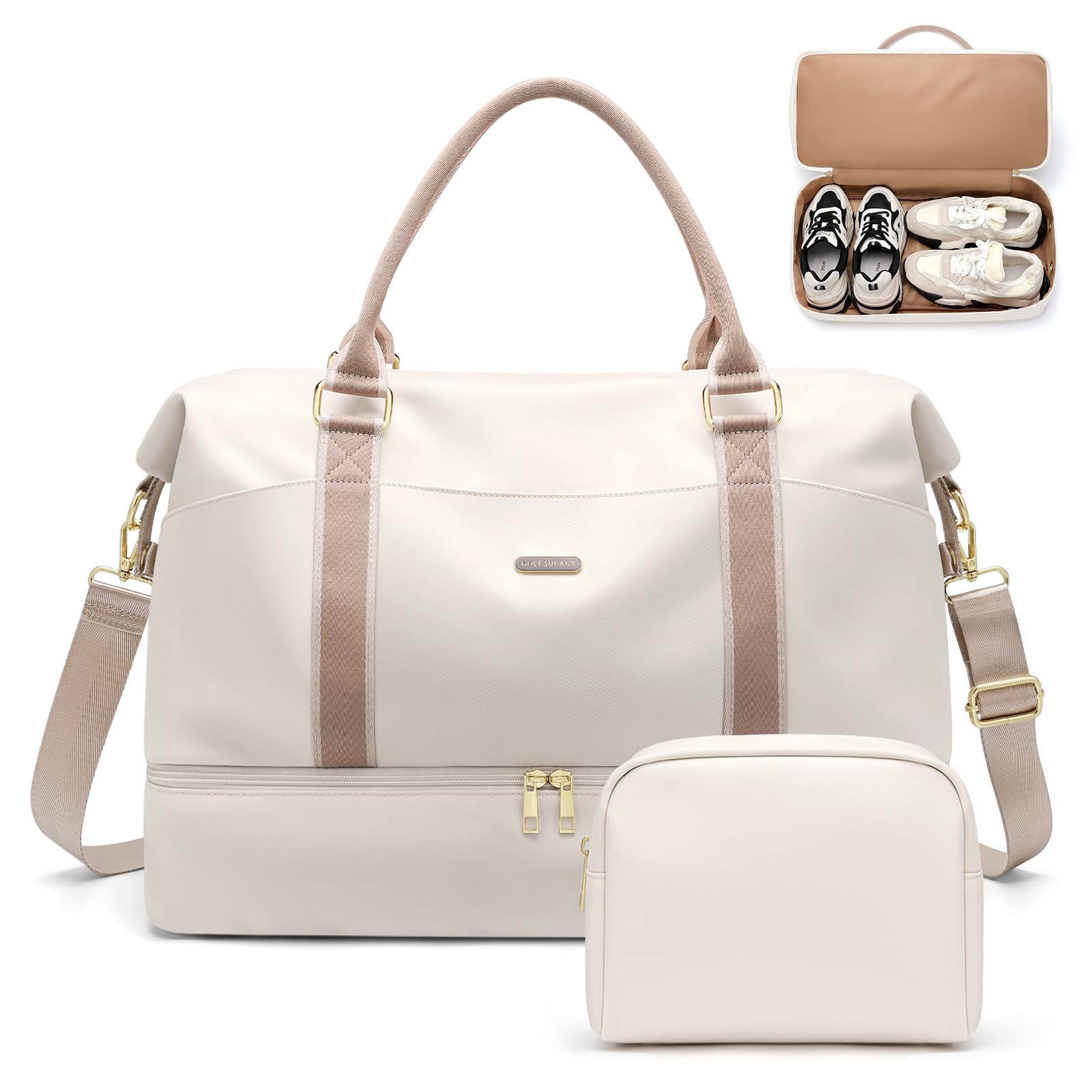 46L Reisetasche Damen, Groß Weekender Handgepäck Tasche mit Kosmetiktasche, Schuhfach & Nassfach, Kliniktasche, Trainingstasche, Sporttasche, für Flugzeug Reisen (Cremefarben)