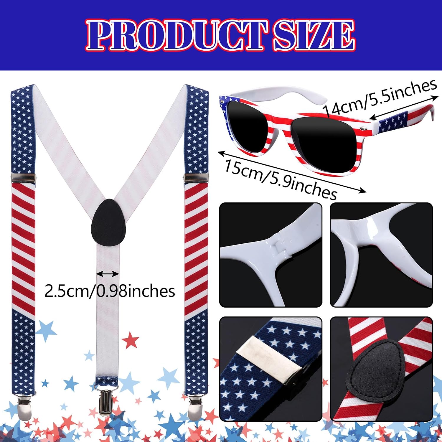 hoyuwak 4th of July Patriotic Costume Accessories Set Independence Day Sunglasses American Flag Striped Headband Wristbands Suspenders for Women Men