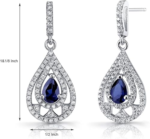 Miniatura 2 de Peora Aretes colgantes de zafiro azul con forma de lágrima de zafiro azul, plata de ley 925, forma de pera total de 1 quilate, 0.236 x 0.157 in,